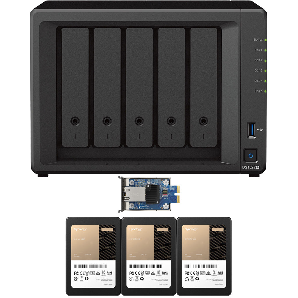 Synology DS1522+ 5-BAY DiskStation with 8GB RAM, E10G22-T1-Mini 10GbE Card, and 5.7TB (3x1.92GB) Synology Enterprise SSDs Fully Assembled and Tested