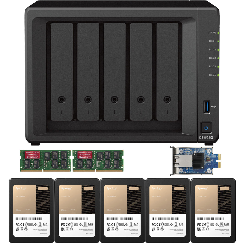 Synology DS1522+ 5-BAY DiskStation with 16GB RAM, E10G22-T1-Mini 10GbE Card, and 19.2TB (5x3.84GB) Synology Enterprise SSDs Fully Assembled and Tested