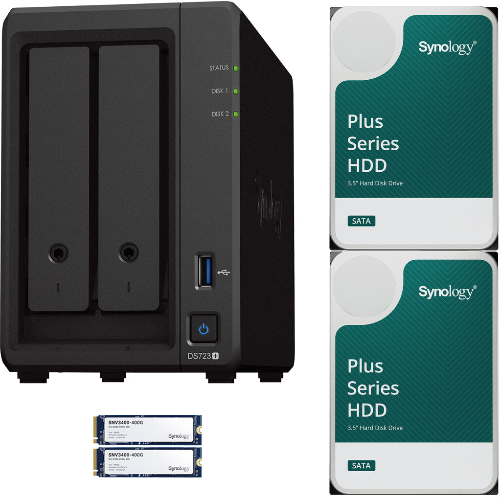 Synology DS723+ 2-Bay NAS, 2GB RAM, 800GB (2x400GB) Cache, 24TB (2 x 12TB) of Synology Plus NAS Drives Fully Assembled and Tested
