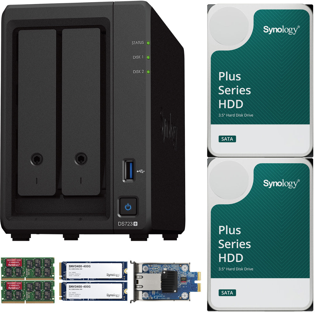 Synology DS723+ 2-Bay NAS, 16GB RAM, 10GbE Adapter, 800GB (2x400GB) Cache, 24TB (2 x 12TB) of Synology Plus NAS Drives Fully Assembled and Tested