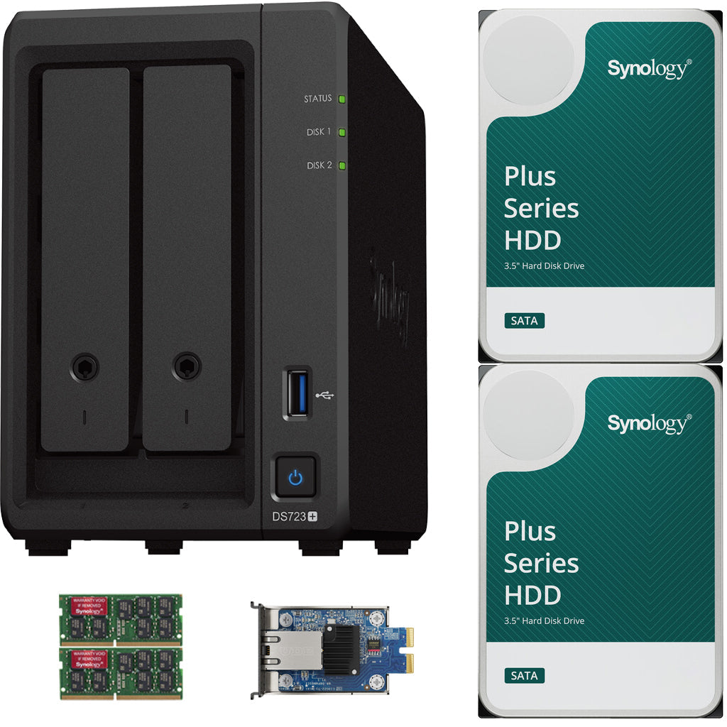 Synology DS723+ 2-Bay NAS, 4GB RAM, 10GbE Adapter, 24TB (2 x 12TB) of Synology Plus NAS Drives Fully Assembled and Tested