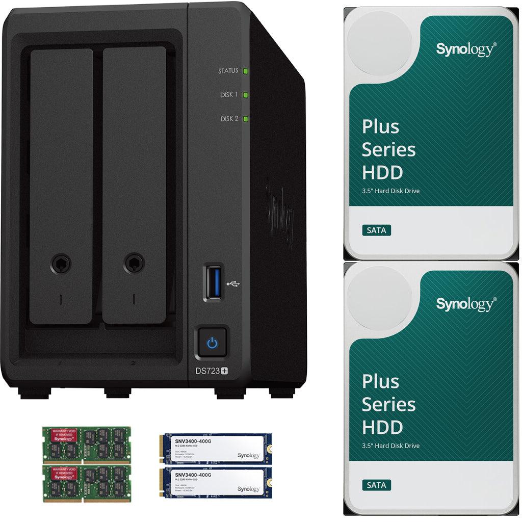Synology DS723+ 2-Bay NAS, 16GB RAM, 800GB (2x400GB) Cache, 8TB (2 x 4TB) of Synology Plus NAS Drives Fully Assembled and Tested