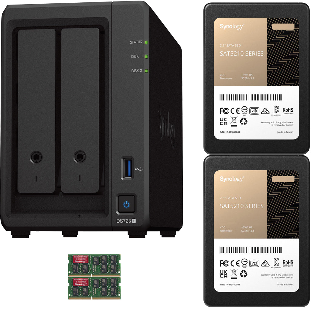 Synology DS723+ 2-Bay NAS, 4GB RAM and 960GB (2 x 480GB) of Synology Enterprise SSDs Fully Assembled and Tested