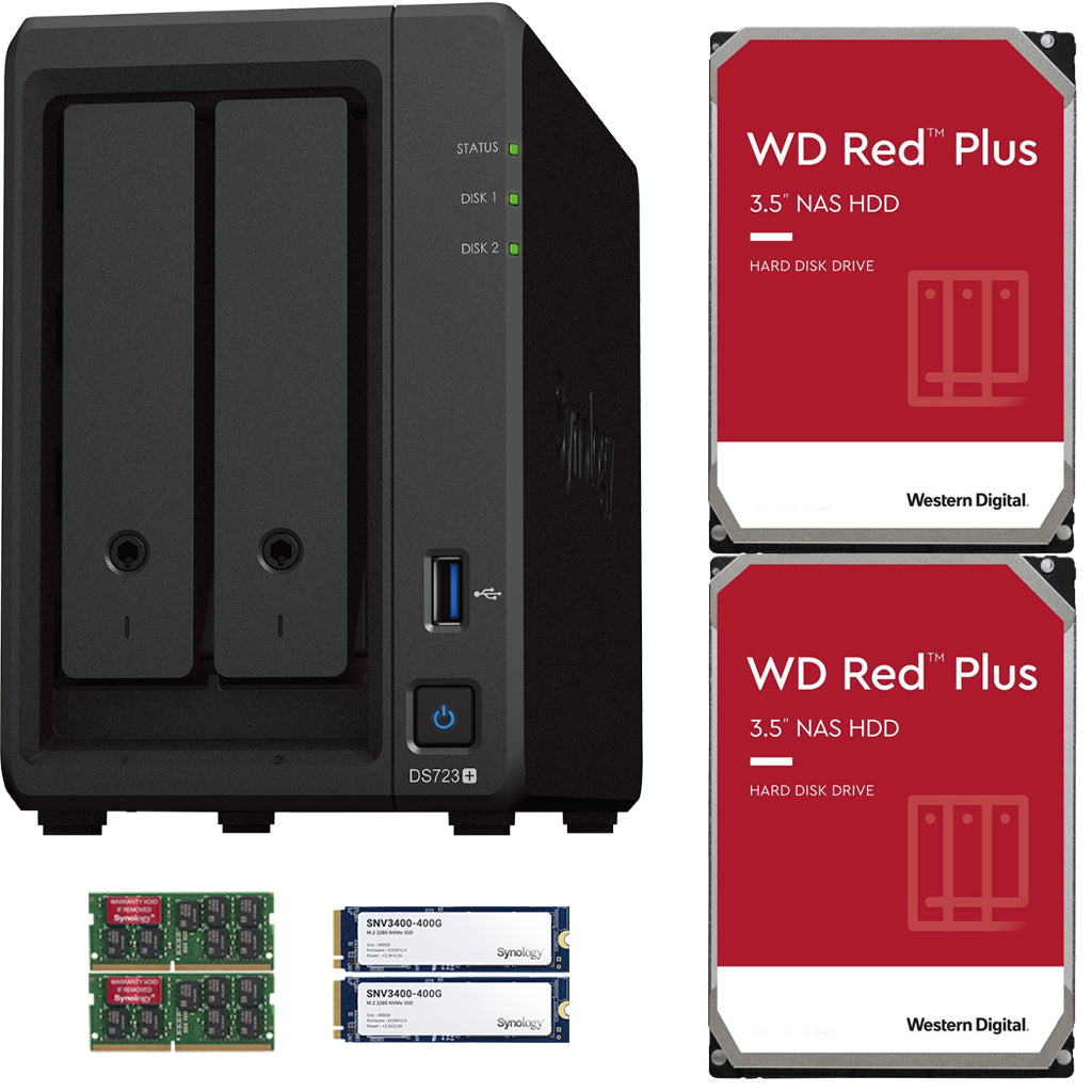 Synology DS723+ 2-Bay NAS, 8GB RAM, 1.6TB (2x800GB) Cache, 4TB (2 x 2TB) of Western Digital Red Plus Drives Fully Assembled and Tested