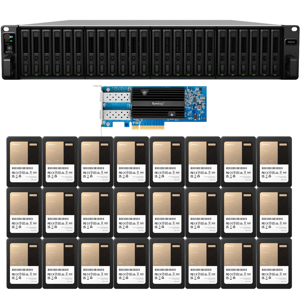 Synology FS3410 24-BAY FlashStation with 16GB RAM, E25G21-F2 25GbE Expansion, and 92.16TB (24 x 3840GB) Synology Enterprise SATA SSD's Fully Assembled and Tested