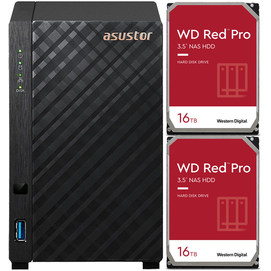 Asustor AS1102T 2-Bay Drivestor 2 NAS with 1GB RAM and 32TB (2x16TB) Western Digital RED PRO Drives