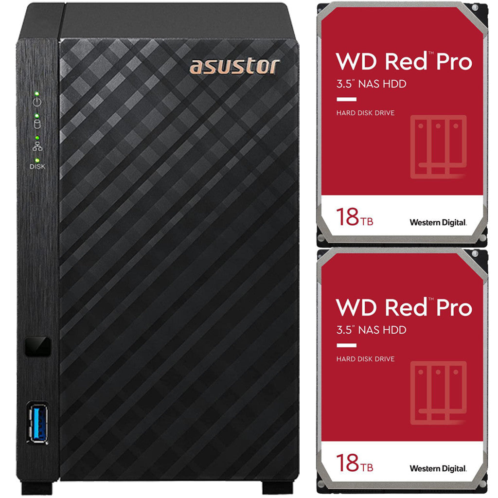 Asustor AS1102T 2-Bay Drivestor 2 NAS with 1GB RAM and 36TB (2x18TB) Western Digital RED PRO Drives