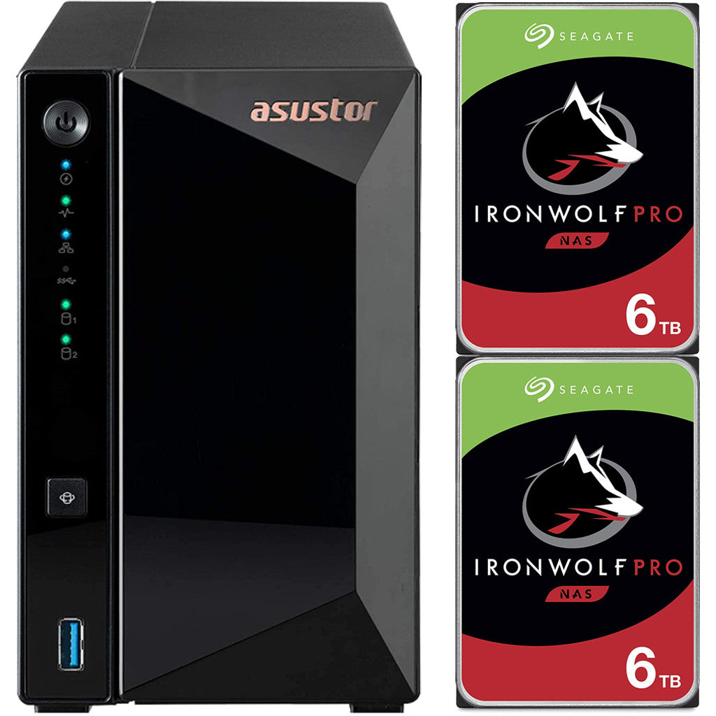 Asustor AS3302T 2-Bay Drivestor 2 PRO NAS with 2GB RAM and 12TB (2x6TB) Seagate Ironwolf PRO Drives Fully Assembled and Tested