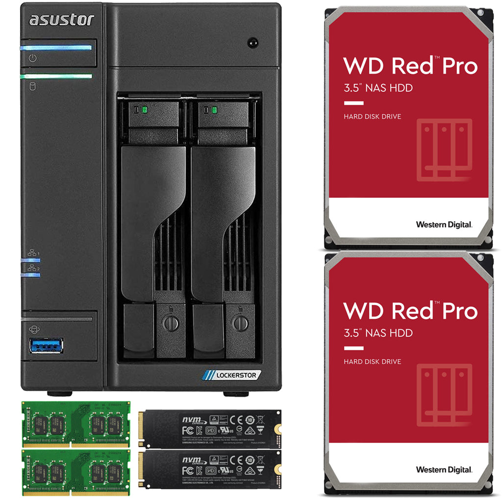 Asustor AS6602T 2-Bay Lockerstor 2 NAS with 8GB RAM 500GB (2 x 250GB) NVME CACHE and 28TB (2x14TB) Western Digital PRO Drives
