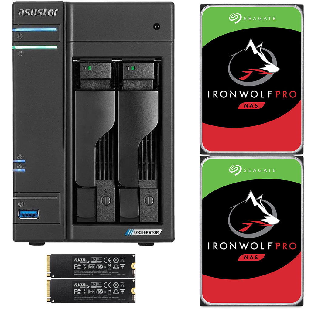 Asustor AS6602T 2-Bay Lockerstor 2 NAS with 4GB RAM 2TB (2 x 1TB) NVME CACHE and 16TB (2x8TB) Seagate Ironwolf PRO Drives