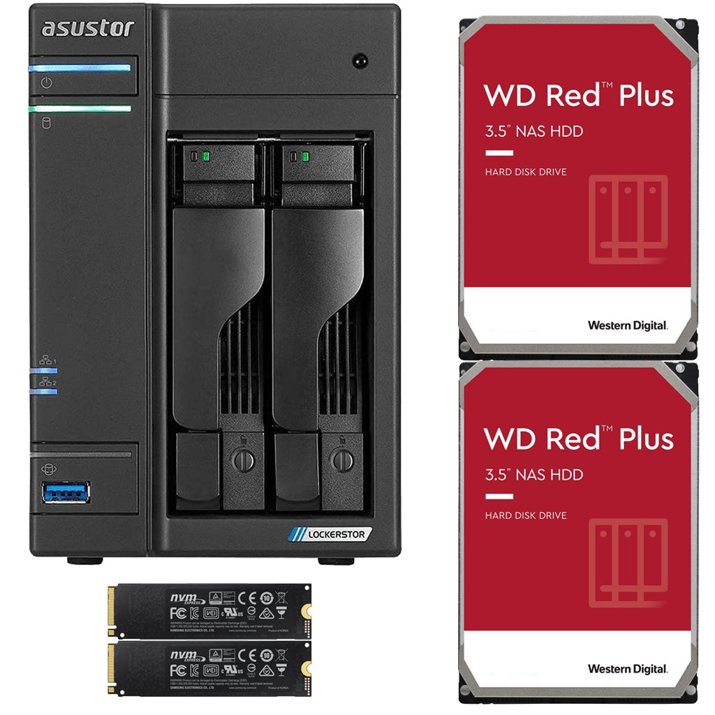 Asustor AS6602T 2-Bay Lockerstor 2 NAS with 4GB RAM 1TB (2 x 500GB) NVME CACHE and 24TB (2x12TB) Western Digital Red NAS Drives