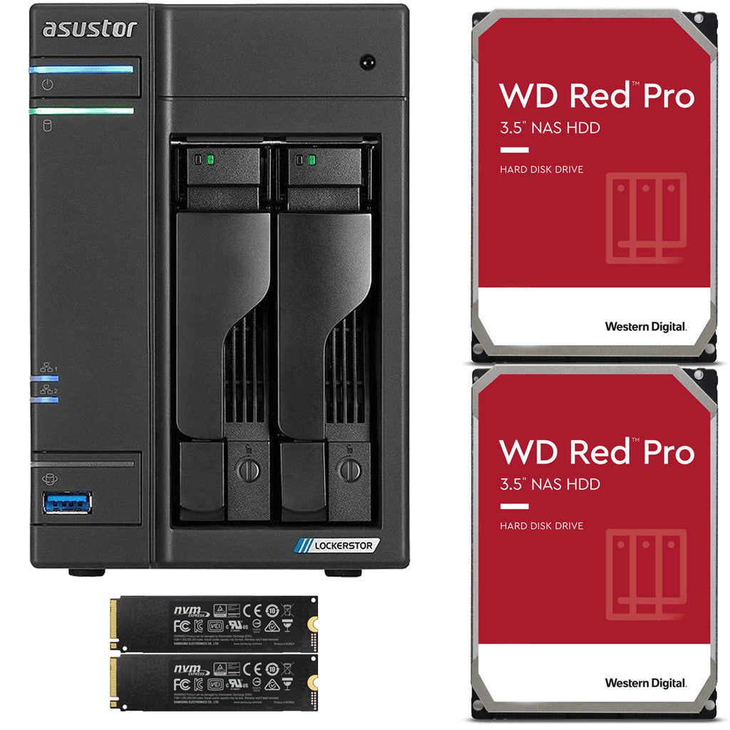 Asustor AS6602T 2-Bay Lockerstor 2 NAS with 4GB RAM 1TB (2 x 500GB) NVME CACHE and 16TB (2x8TB) Western Digital PRO Drives