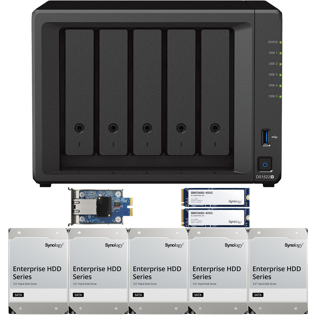 Synology DS1522+ 5-BAY DiskStation with 8GB RAM, E10G22-T1-Mini 10GbE Card, 800GB (2 x 400GB) Cache and 60TB (5x12TB) Synology Enterprise Drives Fully Assembled and Tested