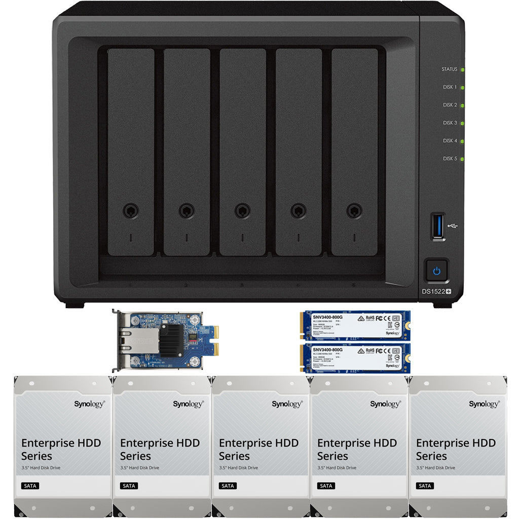 Synology DS1522+ 5-BAY DiskStation with 8GB RAM, E10G22-T1-Mini 10GbE Card, 1.6TB (2 x 800GB) Cache and 40TB (5x8TB) Synology Enterprise Drives Fully Assembled and Tested