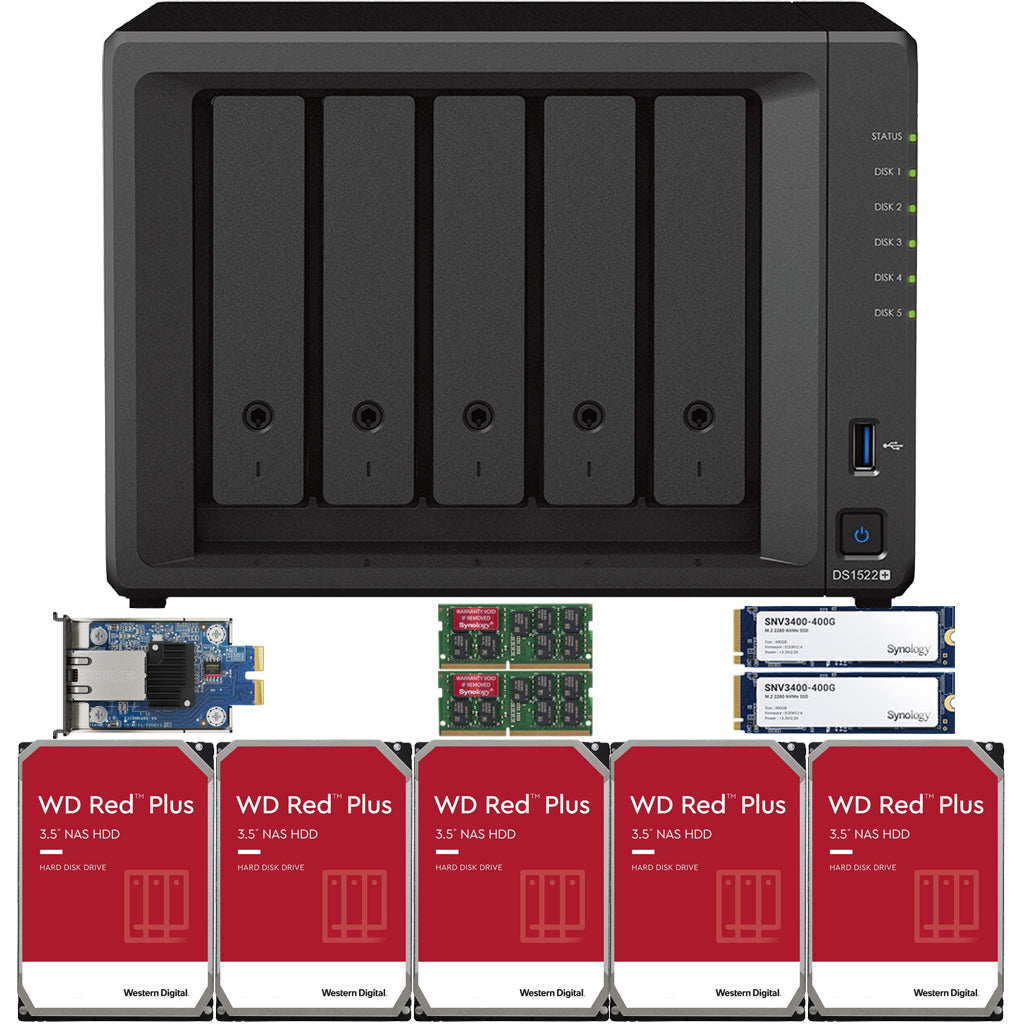 Synology DS1522+ 2.6 to 3.1 GHz Dual-Core 5-Bay NAS, 16GB RAM, 10GbE Adapter, 800GB (2x400GB) Cache, and  20TB (5 x 4TB) of Western Digital Red Plus Drives Fully Assembled and Tested