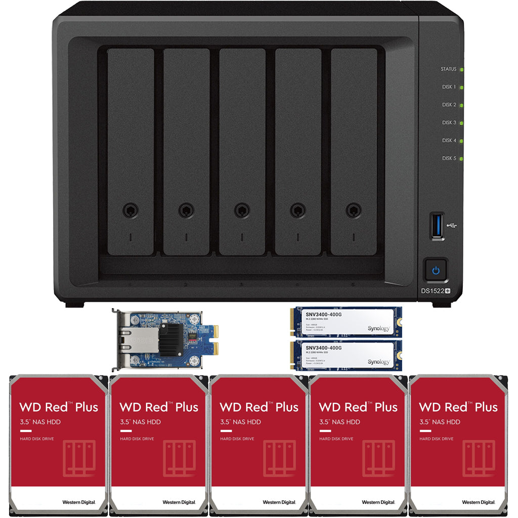 Synology DS1522+ 2.6 to 3.1 GHz Dual-Core 5-Bay NAS, 8GB RAM, 10GbE Adapter, 800GB (2x400GB) Cache, and  60TB (5 x 12TB) of Western Digital Red Plus Drives Fully Assembled and Tested