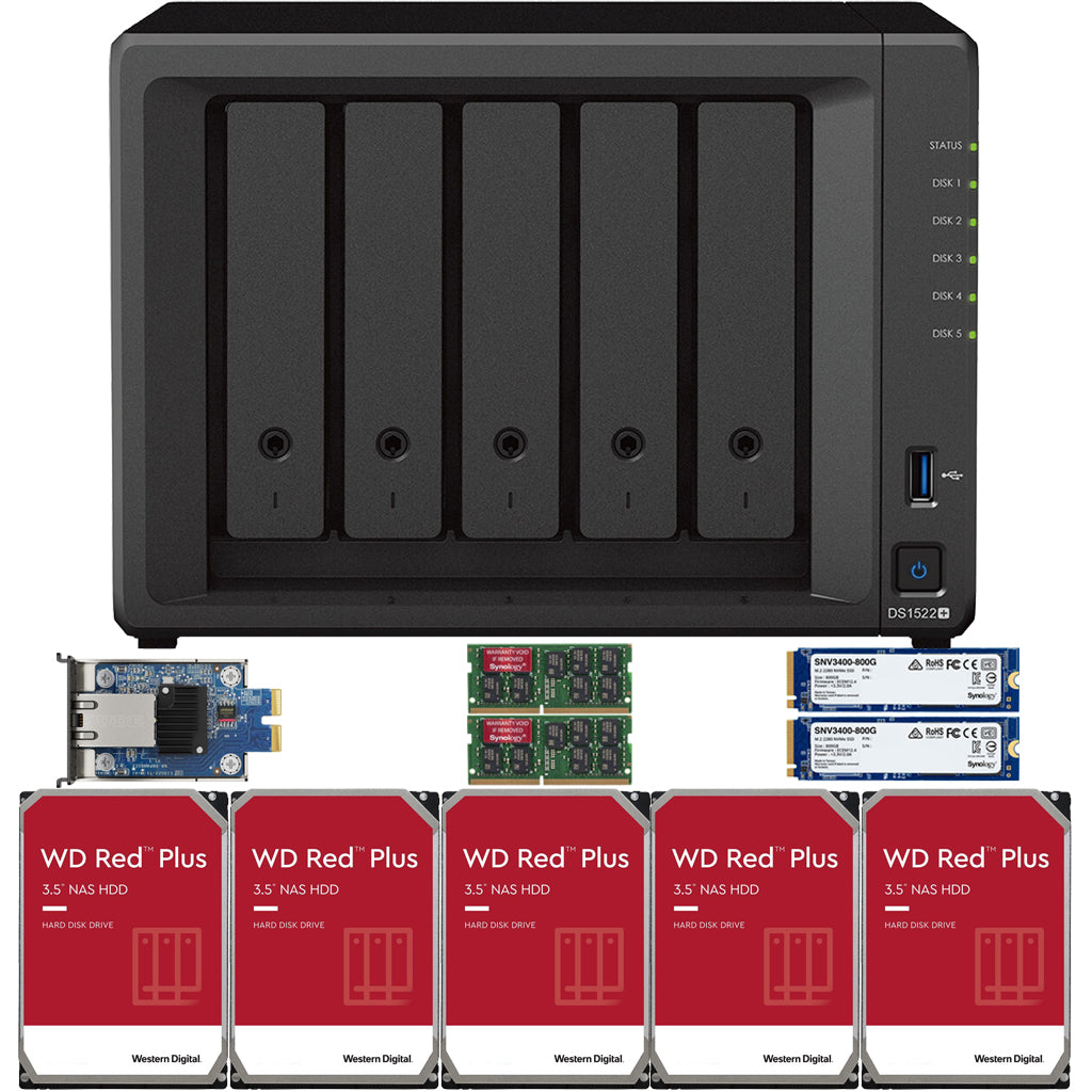 Synology DS1522+ 2.6 to 3.1 GHz Dual-Core 5-Bay NAS, 16GB RAM, 10GbE Adapter, 1.6TB (2x800GB) Cache, and  70TB (5 x 14TB) of Western Digital Red Plus Drives Fully Assembled and Tested