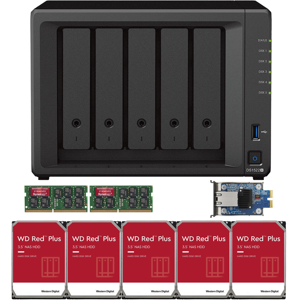Synology DS1522+ 2.6 to 3.1 GHz Dual-Core 5-Bay NAS, 16GB RAM, 10GbE Adapter, 60TB (5 x 12TB) of Western Digital Red Plus Drives Fully Assembled and Tested