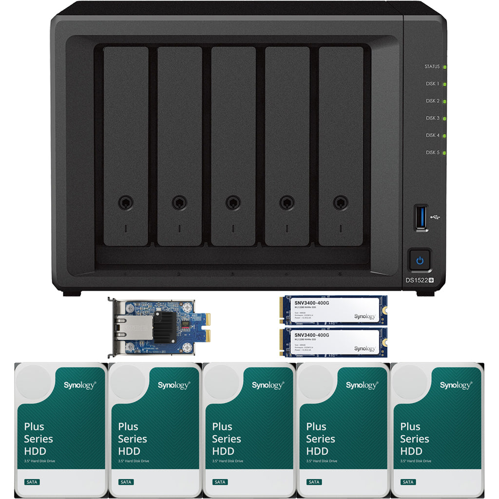 Synology DS1522+ 2.6 to 3.1 GHz Dual-Core 5-Bay NAS, 16GB RAM, 10GbE Adapter, 800GB (2x400GB) Cache, and  20TB (5 x 4TB) of Synology Plus Drives Fully Assembled and Tested
