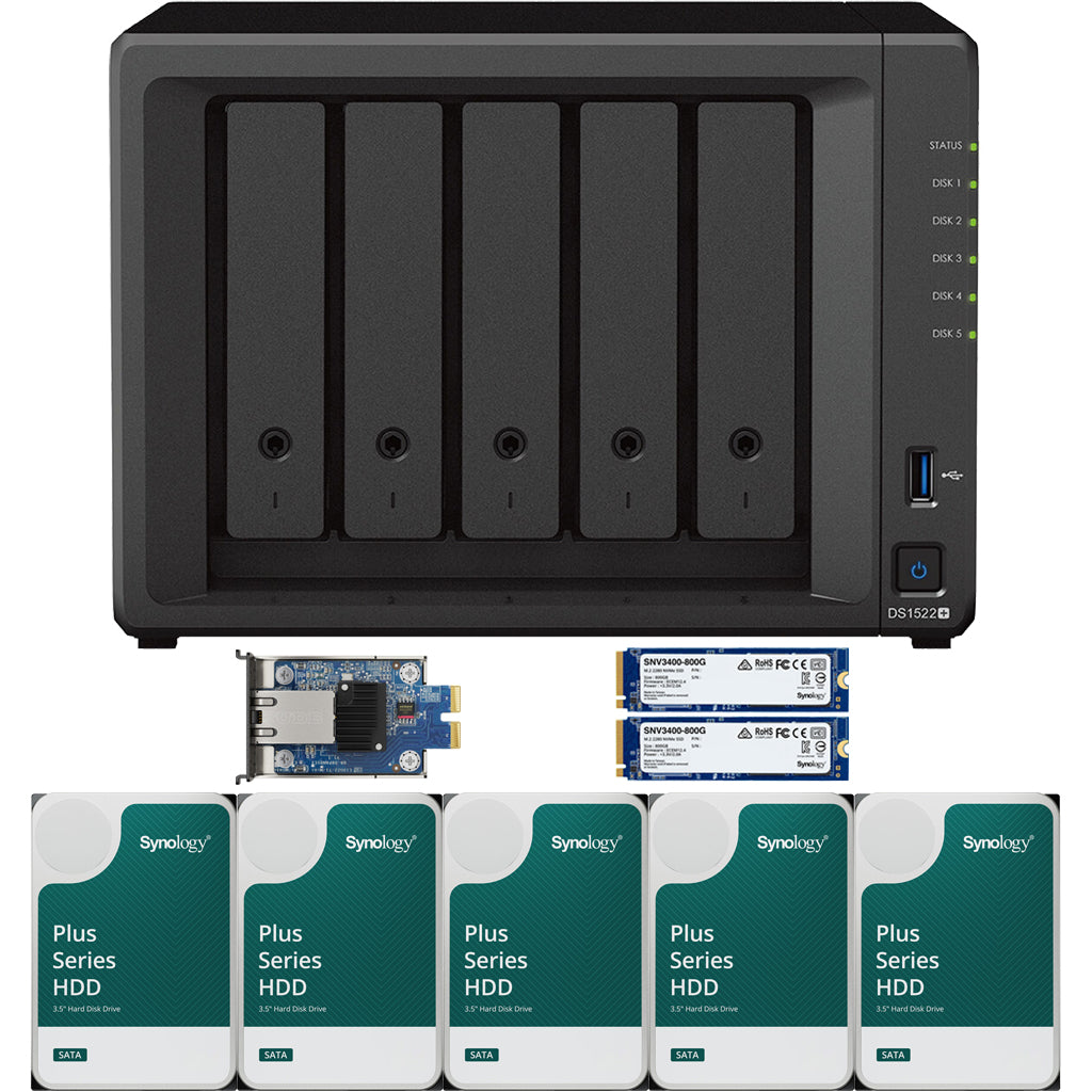 Synology DS1522+ 2.6 to 3.1 GHz Dual-Core 5-Bay NAS, 8GB RAM, 10GbE Adapter, 1.6TB (2x800GB) Cache, and  20TB (5 x 4TB) of Synology Plus Drives Fully Assembled and Tested