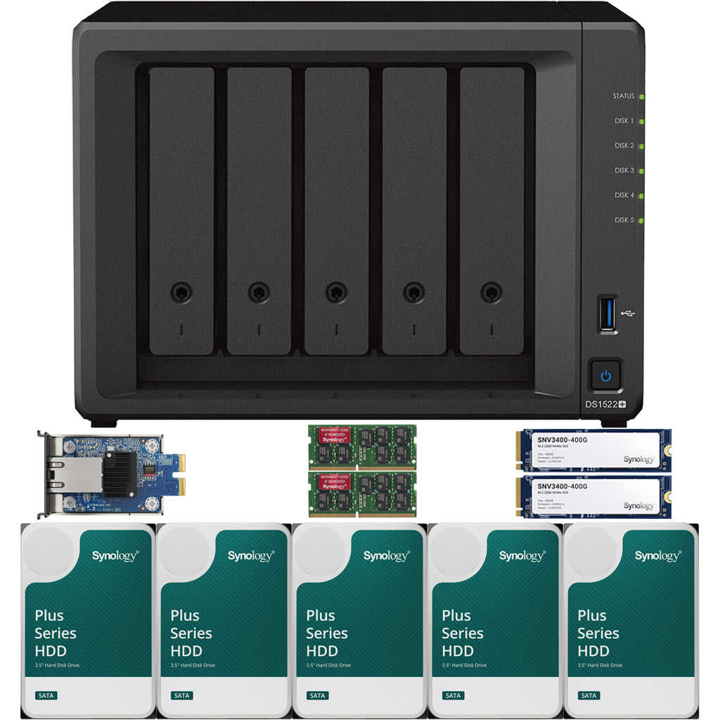 Synology DS1522+ 2.6 to 3.1 GHz Dual-Core 5-Bay NAS, 32GB RAM, 10GbE Adapter, 800GB (2x400GB) Cache, and  20TB (5 x 4TB) of Synology Plus Drives Fully Assembled and Tested