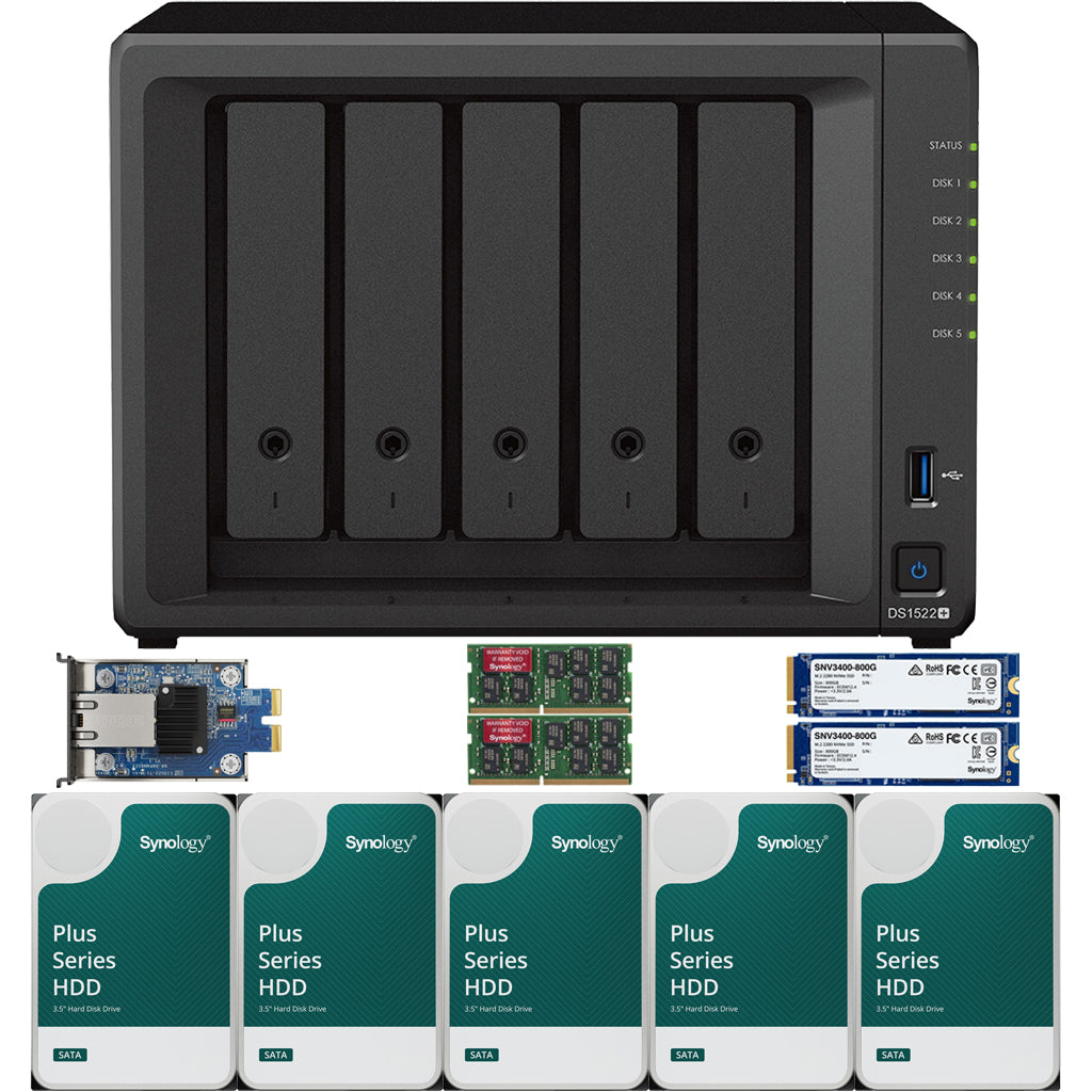 Synology DS1522+ 2.6 to 3.1 GHz Dual-Core 5-Bay NAS, 32GB RAM, 10GbE Adapter, 1.6TB (2x800GB) Cache, and  40TB (5 x 8TB) of Synology Plus Drives Fully Assembled and Tested