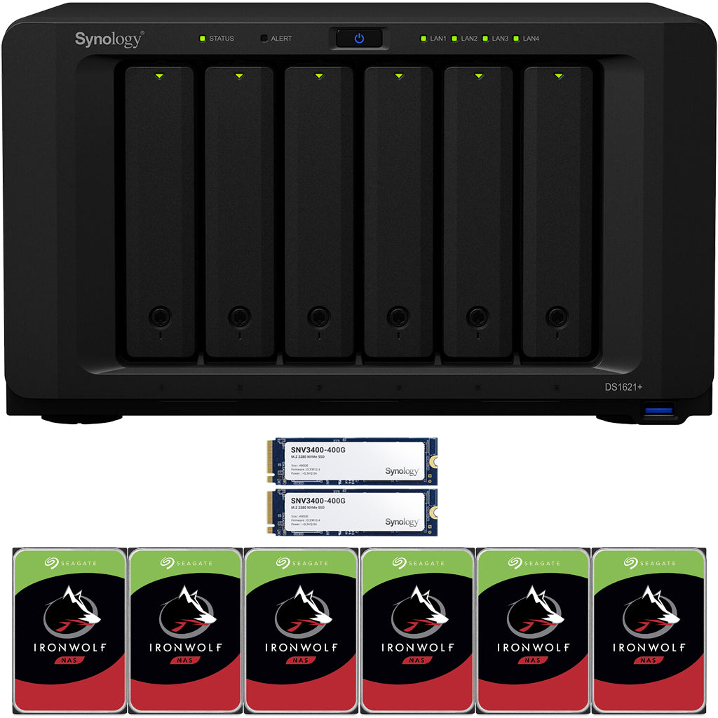 Synology DS1621+ 6-BAY DiskStation NAS with 4GB Synology RAM, 800GB (2x400GB) NVME Cache and 12TB (6x2TB) Seagate Ironwolf NAS Drives Fully Assembled and Tested