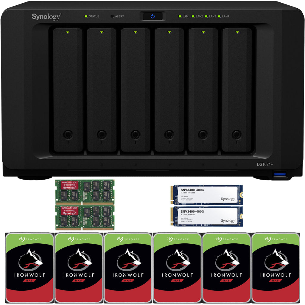 Synology DS1621+ 6-BAY DiskStation NAS with 32GB Synology RAM, 800GB (2x400GB) NVME Cache and 72TB (6x12TB) Seagate Ironwolf NAS Drives Fully Assembled and Tested