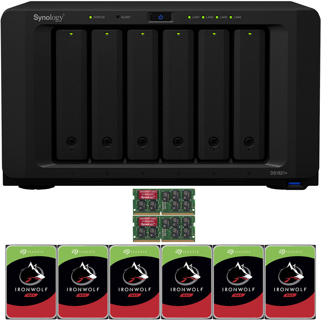 Synology DS1621+ 6-BAY DiskStation NAS with 32GB Synology RAM and 72TB (6x12TB) Seagate Ironwolf NAS Drives Fully Assembled and Tested