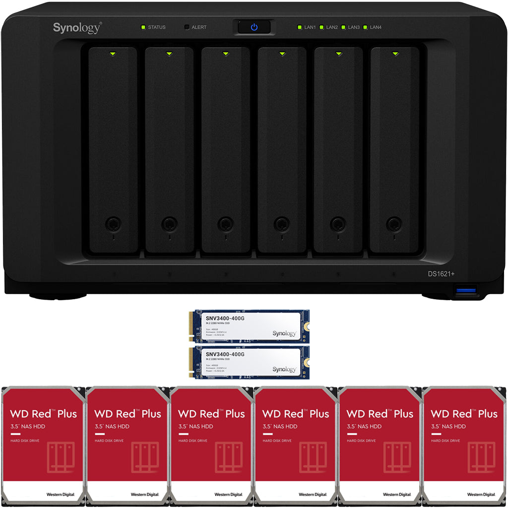 Synology DS1621+ 6-BAY DiskStation NAS with 4GB Synology RAM, 800GB (2x400GB) NVME Cache and 84TB (6x14TB) Western Digital RED PLUS Drives Fully Assembled and Tested