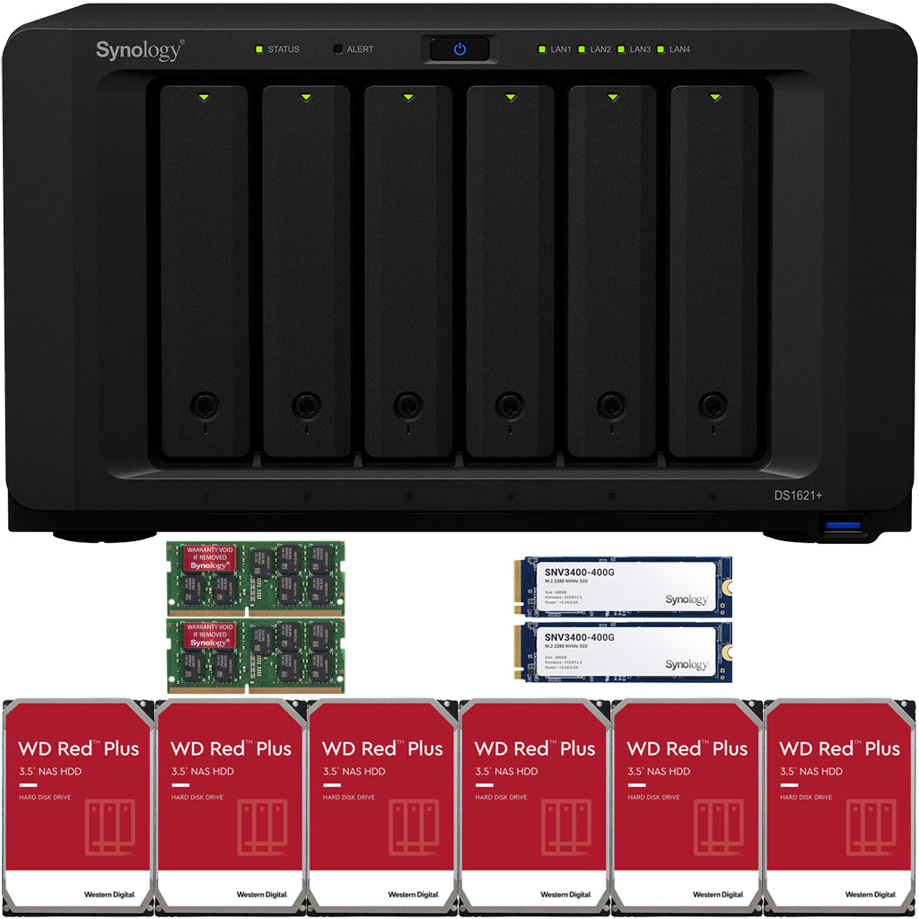 Synology DS1621+ 6-BAY DiskStation NAS with 32GB Synology RAM, 800GB (2x400GB) NVME Cache and 12TB (6x2TB) Western Digital RED PLUS Drives Fully Assembled and Tested