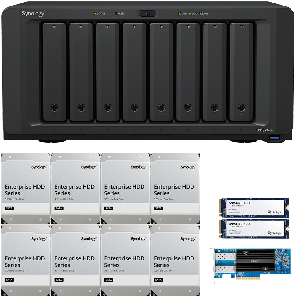 Synology DS1823xs+ 8-Bay NAS 8GB RAM 10GbE (E10G21-F2) 800GB (2 x 400GB) Cache and 96TB (8 x 12TB) of Synology Enterprise Drives Fully Assembled and Tested
