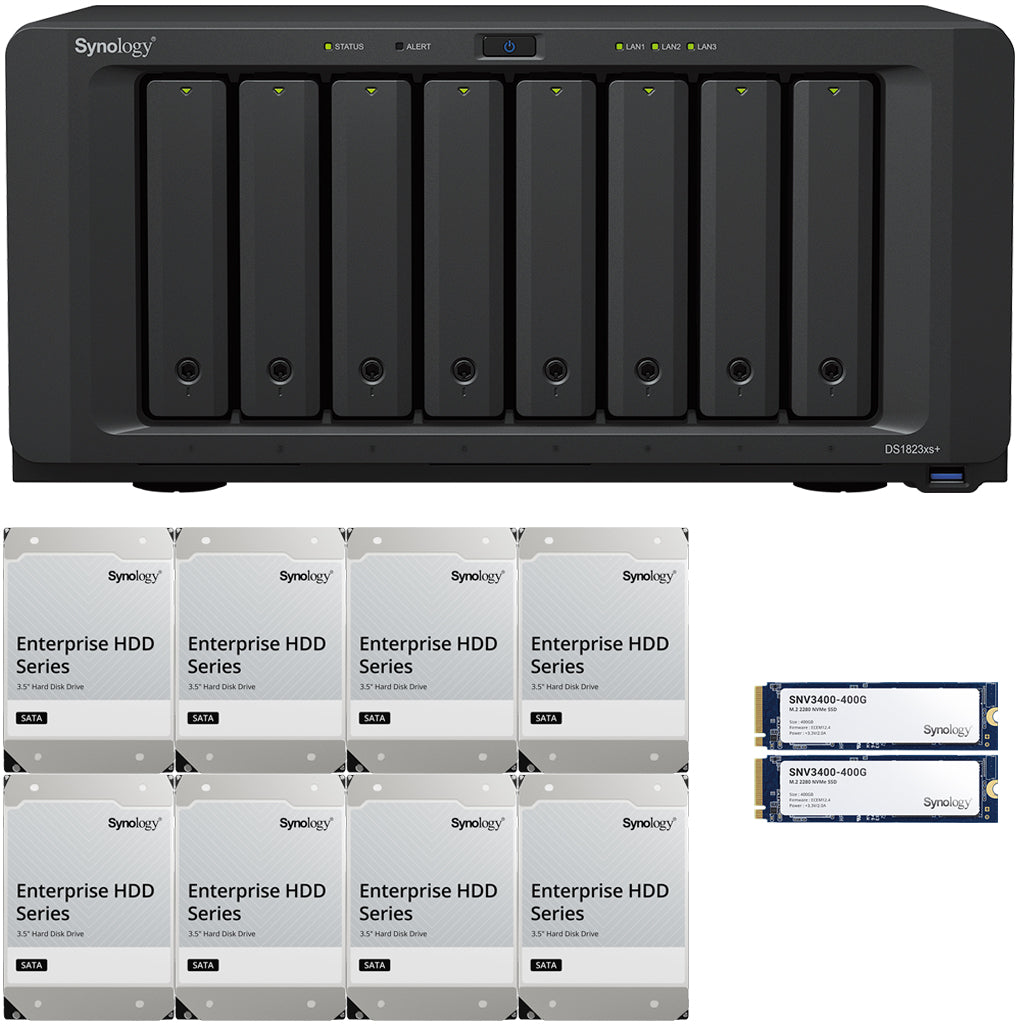 Synology DS1823xs+ 8-Bay NAS 8GB RAM 800GB (2 x 400GB) Cache and 32TB (8 x 4TB) of Synology Enterprise Drives Fully Assembled and Tested