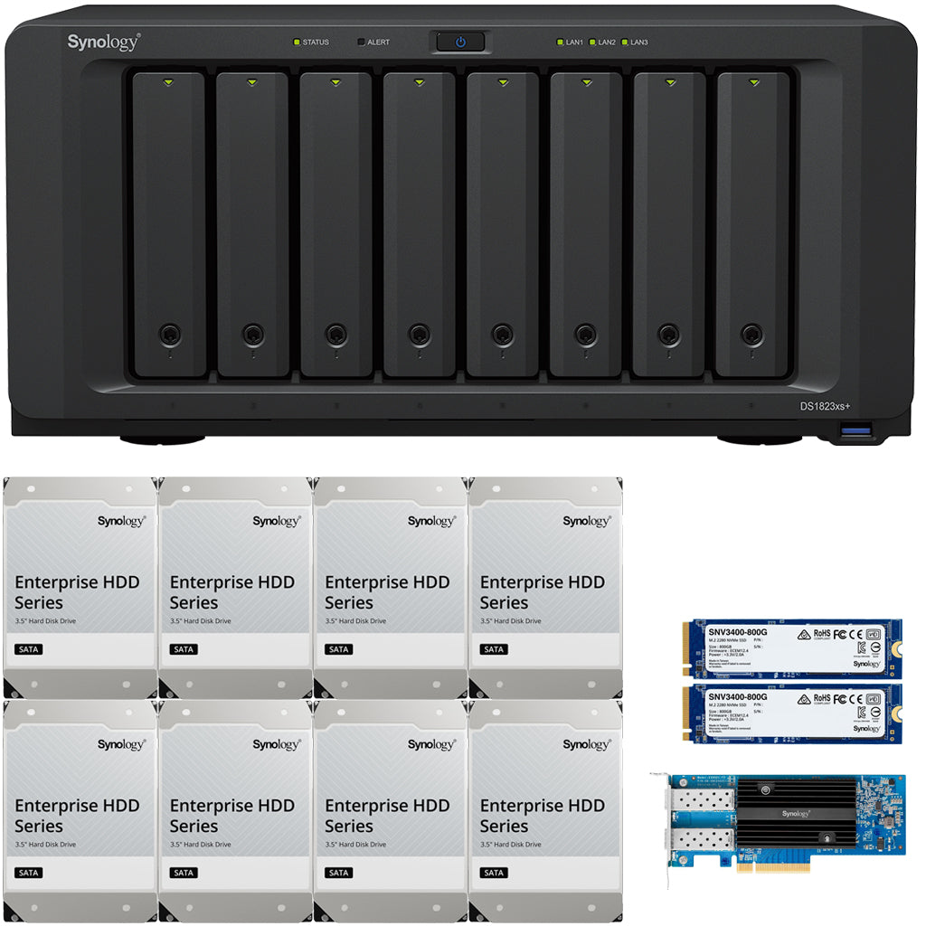 Synology DS1823xs+ 8-Bay NAS 8GB RAM 10GbE (E10G21-F2) 1.6TB (2 x 800GB) Cache and 144TB (8 x 18TB) of Synology Enterprise Drives Fully Assembled and Tested