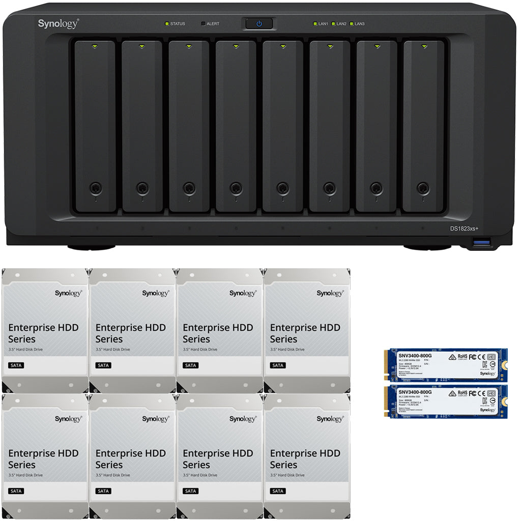 Synology DS1823xs+ 8-Bay NAS 8GB RAM 1.6TB (2 x 800GB) Cache and 32TB (8 x 4TB) of Synology Enterprise Drives Fully Assembled and Tested