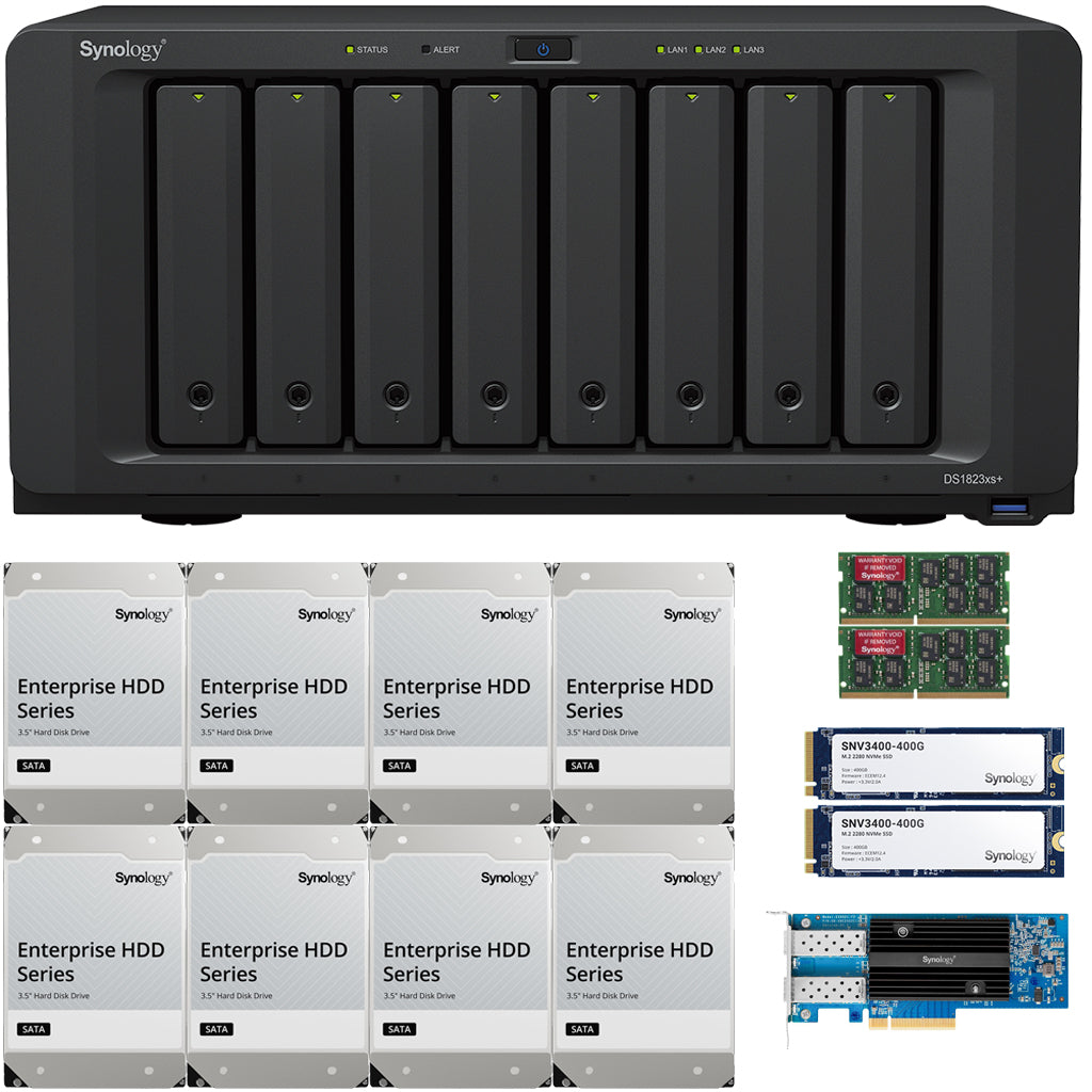 Synology DS1823xs+ 8-Bay NAS 32GB RAM 25GbE (E25G21-F2) 800GB (2 x 400GB) Cache and 64TB (8 x 8TB) of Synology Enterprise Drives Fully Assembled and Tested