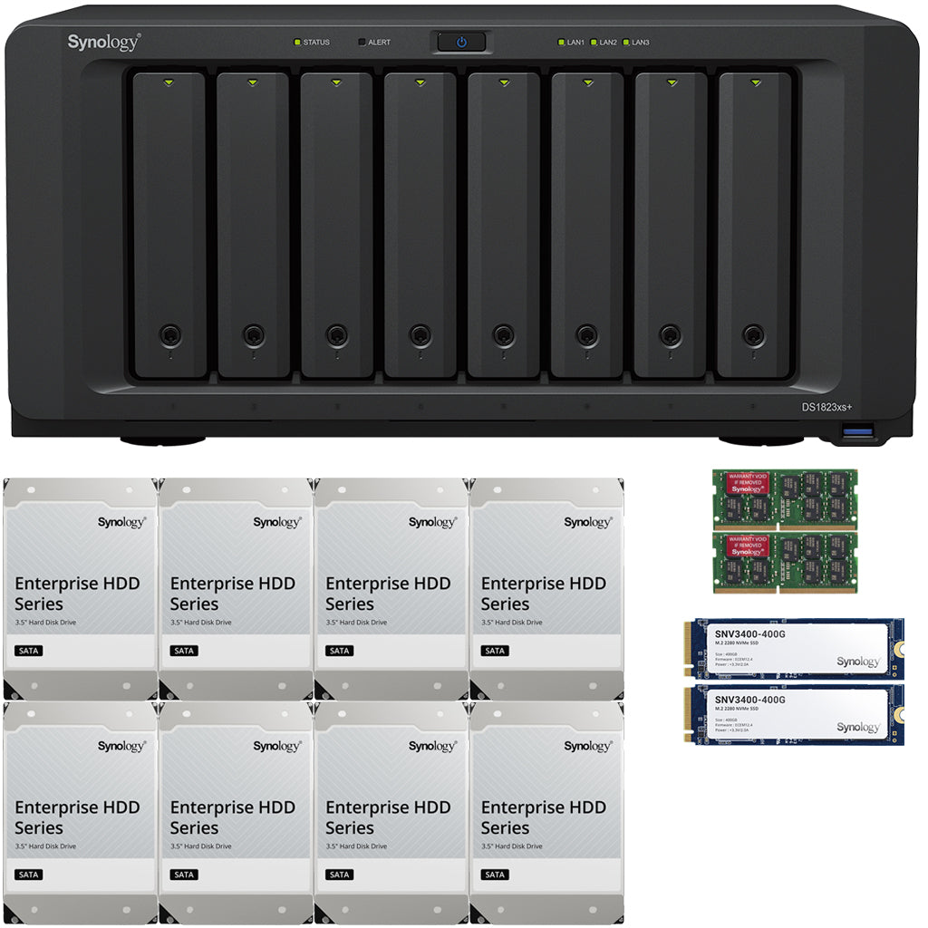 Synology DS1823xs+ 8-Bay NAS 32GB RAM 800GB (2 x 400GB) Cache and 144TB (8 x 18TB) of Synology Enterprise Drives Fully Assembled and Tested