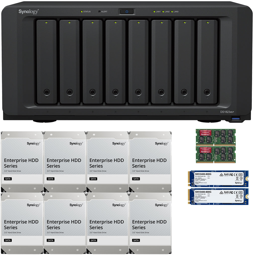 Synology DS1823xs+ 8-Bay NAS 32GB RAM 1.6TB (2 x 800GB) Cache and 96TB (8 x 12TB) of Synology Enterprise Drives Fully Assembled and Tested