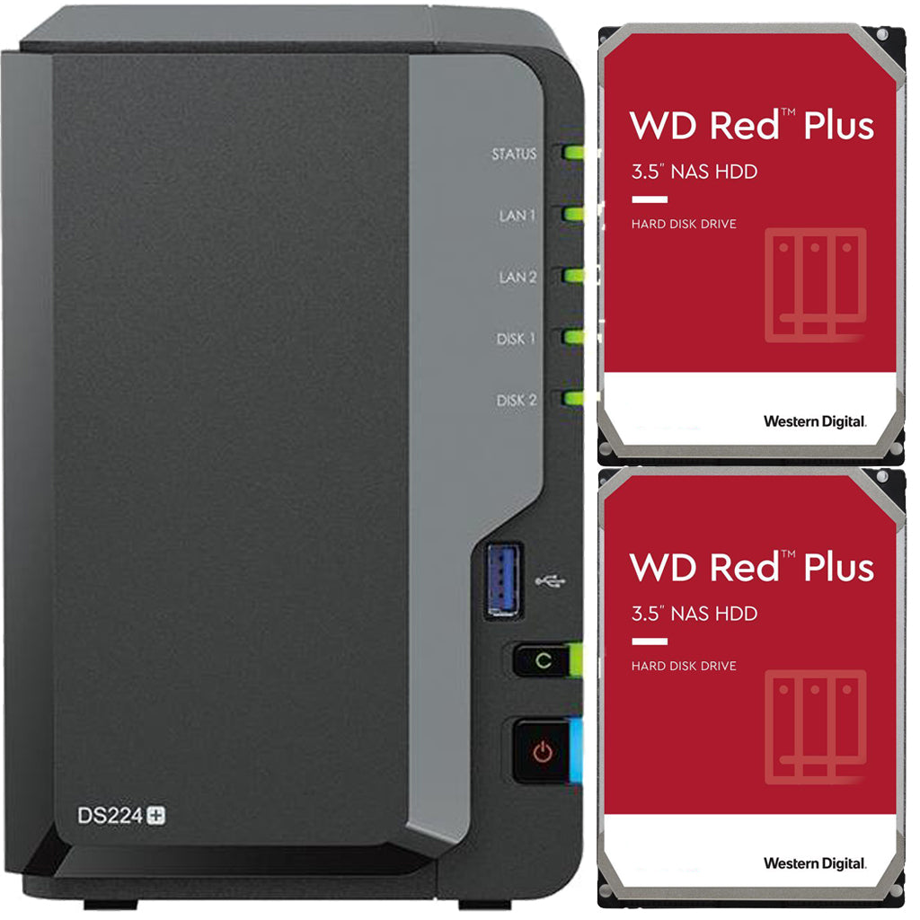 Synology DS224+ 2-Bay NAS with 2GB RAM and 16TB (2 x 8TB) of Western Digital Red Plus Drives Fully Assembled and Tested