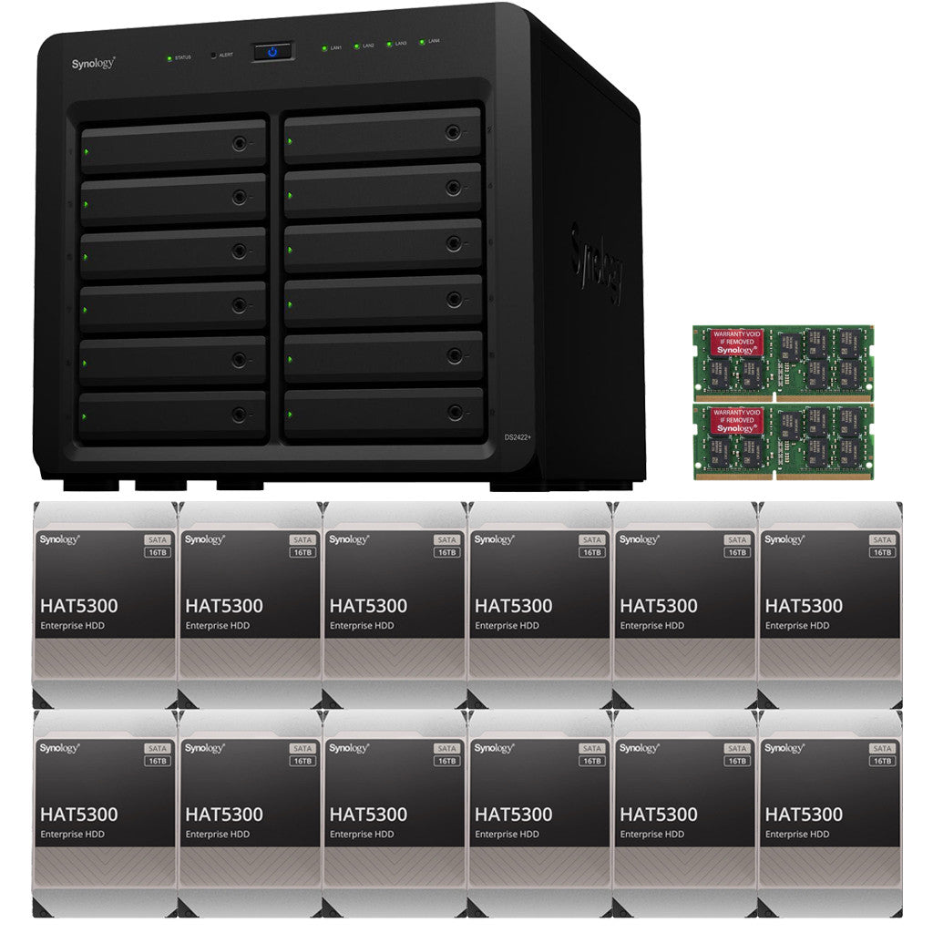 Synology DS2422+ Quad Core 2.2Ghz 12-Bay NAS with 16GB RAM and 192TB (12 x 16TB) of Synology Enterprise (HAT5300) Drives
