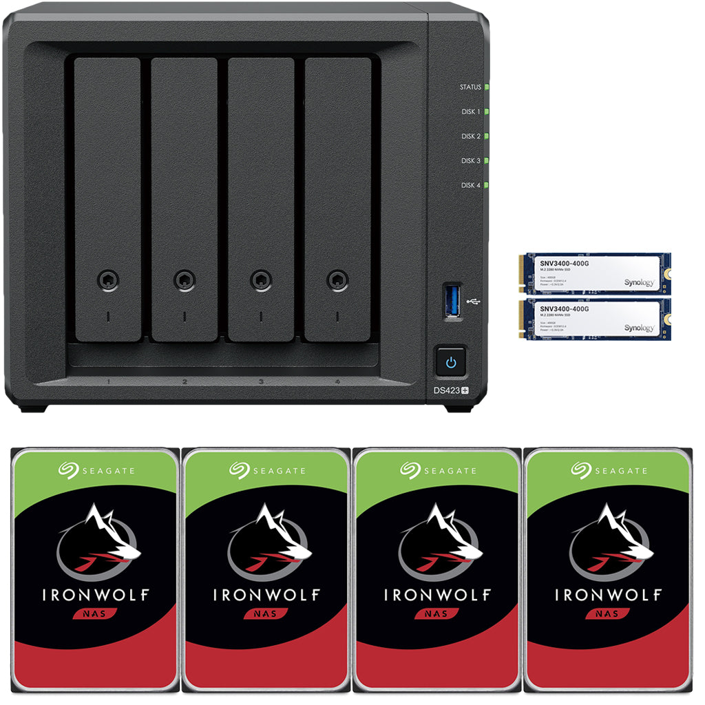 Synology DS423+ Intel Quad-Core 4-Bay NAS, 2GB RAM, 8TB (4 x 2TB) of Seagate Ironwolf NAS Drives and 800GB (2 x 400GB) Synology Cache Fully Assembled and Tested