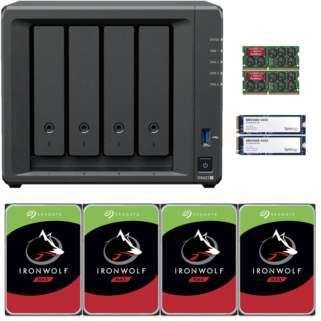 Synology DS423+ Intel Quad-Core 4-Bay NAS, 6GB RAM, 48TB (4 x 12TB) of Seagate Ironwolf NAS Drives and 800GB (2 x 400GB) Synology Cache Fully Assembled and Tested