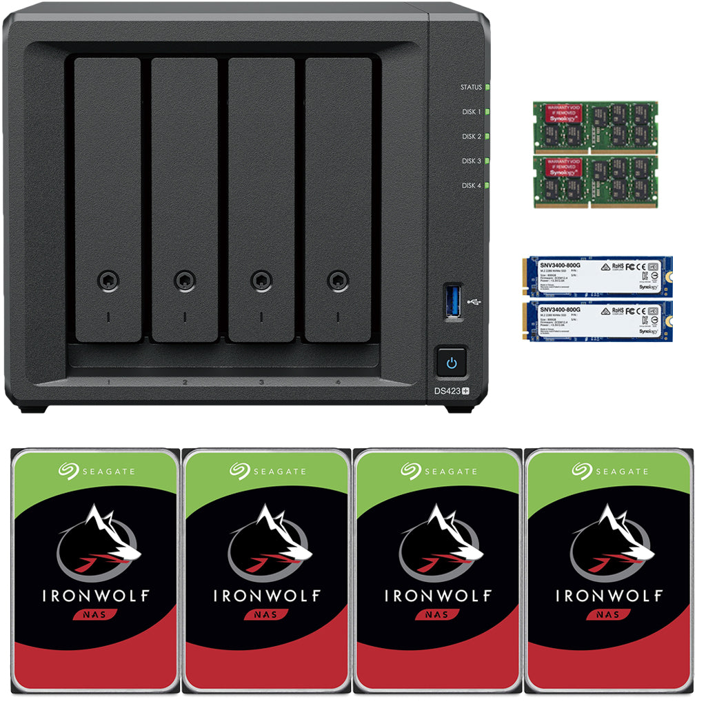 Synology DS423+ Intel Quad-Core 4-Bay NAS, 6GB RAM, 32TB (4 x 8TB) of Seagate Ironwolf NAS Drives and 1.6TB (2 x 800GB) Synology Cache Fully Assembled and Tested