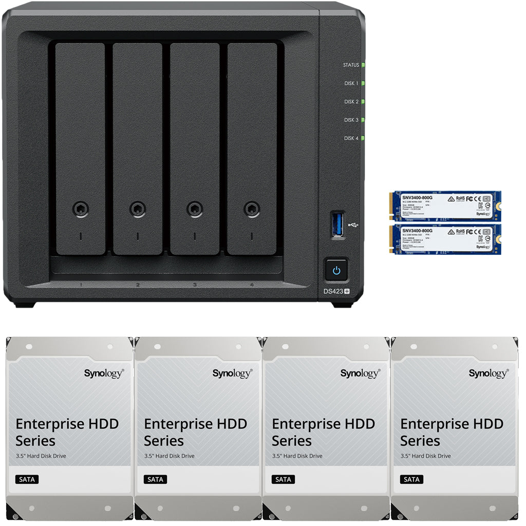 Synology DS423+ Intel Quad-Core 4-Bay NAS, 2GB RAM, 16TB (4 x 4TB) of Synology Enterprise Drives and 1.6TB (2 x 800GB) Synology Cache Fully Assembled and Tested