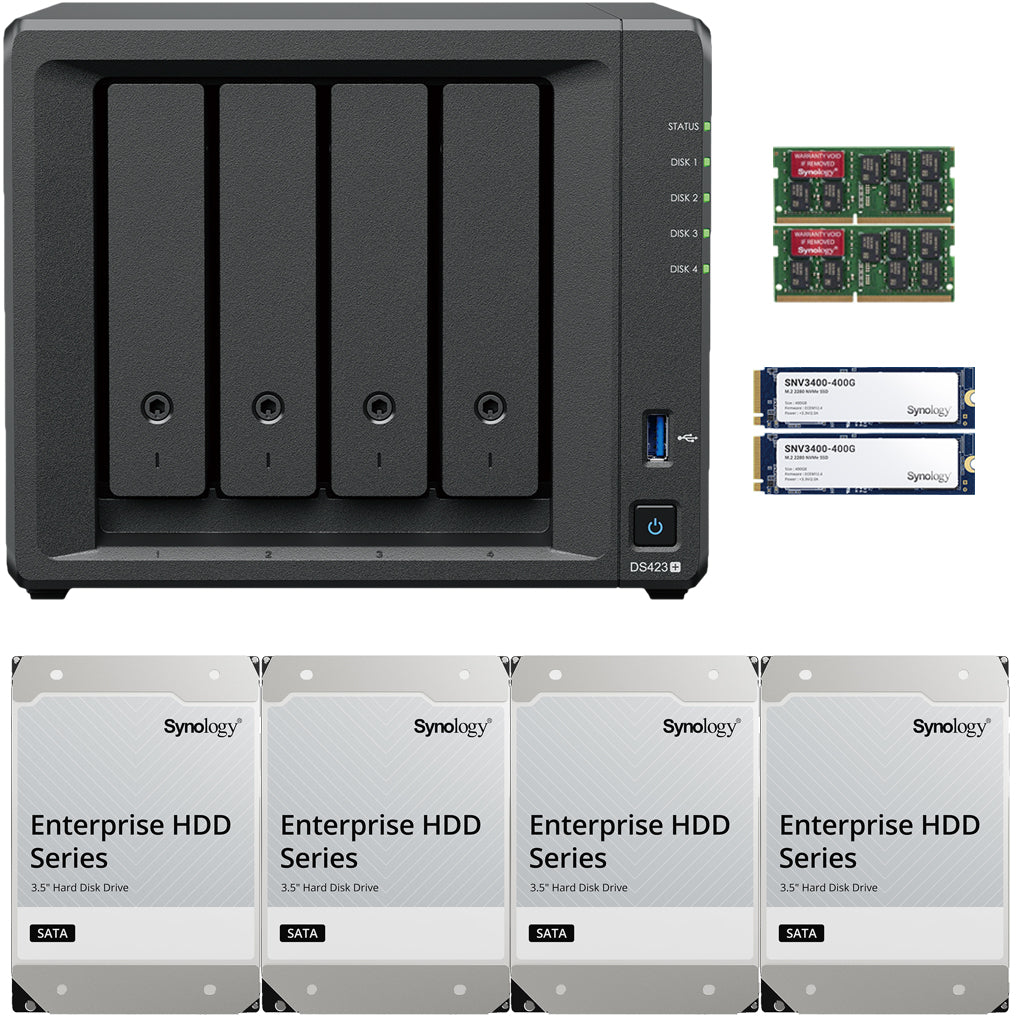 Synology DS423+ Intel Quad-Core 4-Bay NAS, 6GB RAM, 64TB (4 x 16TB) of Synology Enterprise Drives and 800GB (2 x 400GB) Synology Cache Fully Assembled and Tested