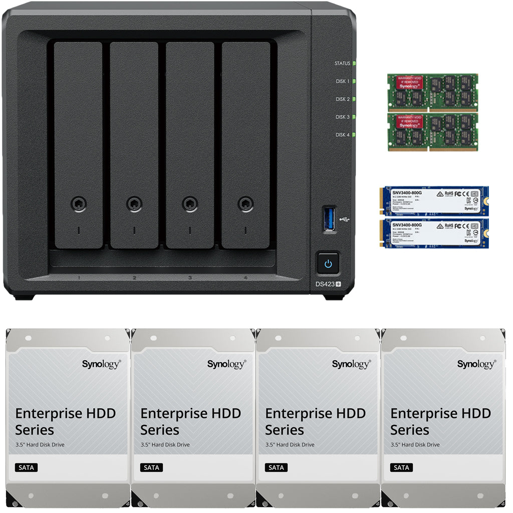 Synology DS423+ Intel Quad-Core 4-Bay NAS, 6GB RAM, 16TB (4 x 4TB) of Synology Enterprise Drives and 1.6TB (2 x 800GB) Synology Cache Fully Assembled and Tested