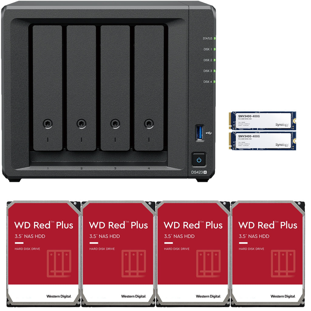 Synology DS423+ Intel Quad-Core 4-Bay NAS, 2GB RAM, 24TB (4 x 6TB) of Western Digital Red Plus Drives and 800GB (2 x 400GB) Synology Cache Fully Assembled and Tested