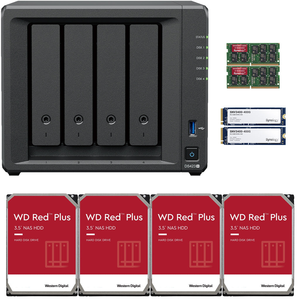 Synology DS423+ Intel Quad-Core 4-Bay NAS, 6GB RAM, 8TB (4 x 2TB) of Western Digital Red Plus Drives and 800GB (2 x 400GB) Synology Cache Fully Assembled and Tested
