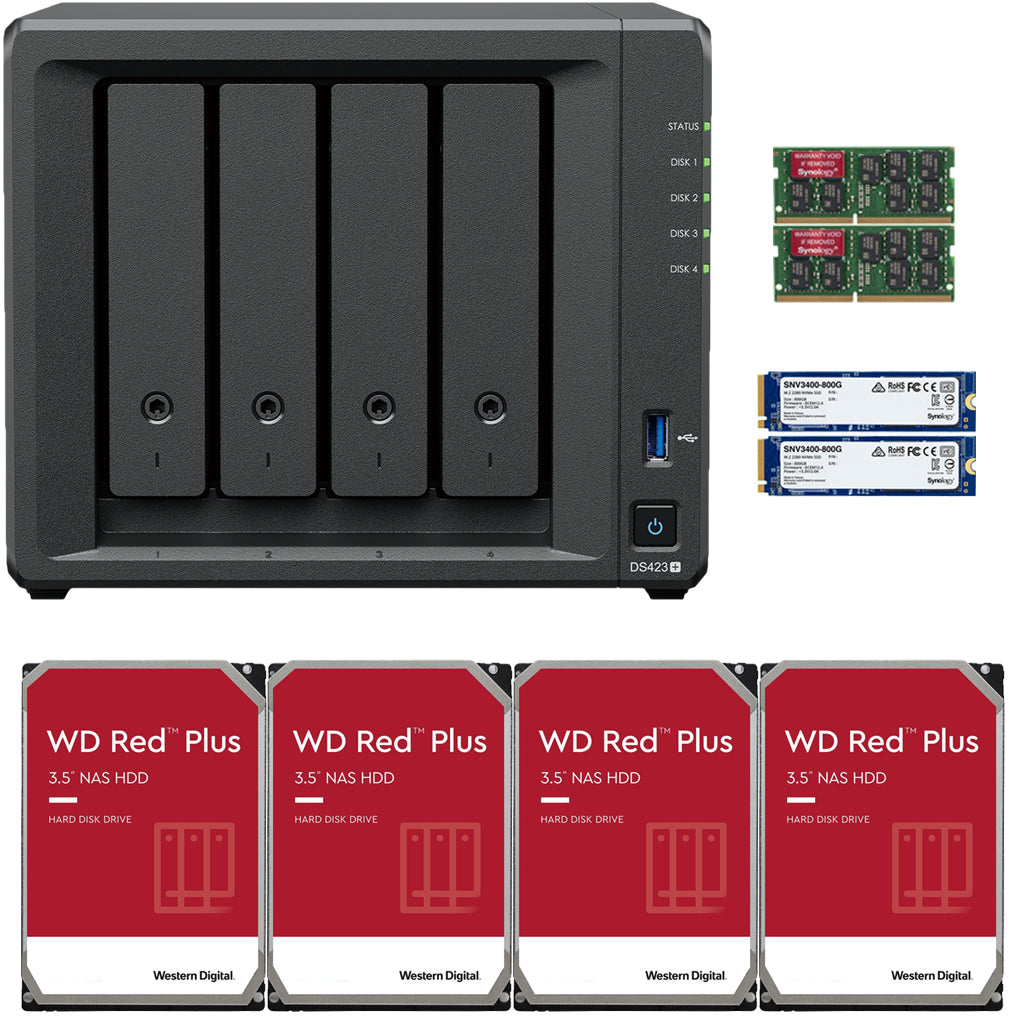 Synology DS423+ Intel Quad-Core 4-Bay NAS, 6GB RAM, 40TB (4 x 10TB) of Western Digital Red Plus Drives and 1.6TB (2 x 800GB) Synology Cache Fully Assembled and Tested