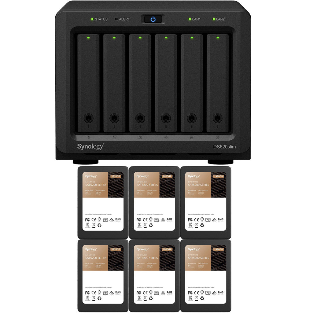 Synology DS620slim 6-BAY DiskStation with 2GB RAM and 11.52TB (6 x 1920GB) of Synology Enterprise SSDs Fully Assembled and Tested